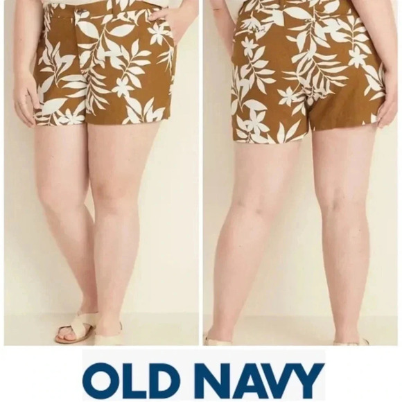 Old Navy Everyday Shorts Women's Mid Rise Linen Blend Brown Tropical - Picture 1 of 5